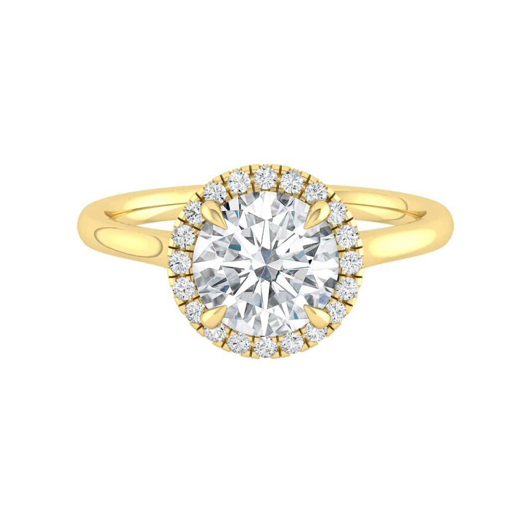 The Aglaia – Brilliant Round Cut Moissanite Halo Ring with 1 to 3 carats in 18K White, Yellow or Rose Gold