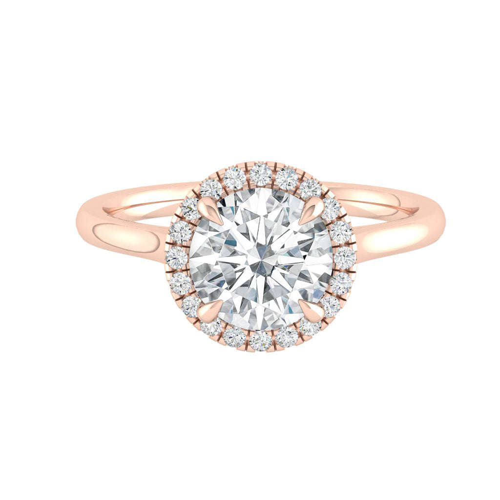 The Aglaia – Brilliant Round Cut Moissanite Halo Ring with 1 to 3 carats in 18K White, Yellow or Rose Gold