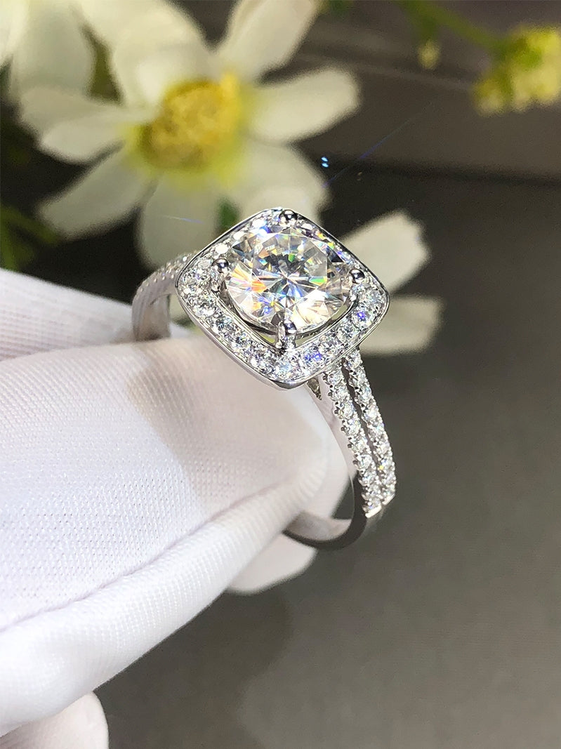 The Estelle - Round Cut Moissanite in Cushion Halo Ring with 1 to 3 carats in 18K White, Yellow or Rose Gold