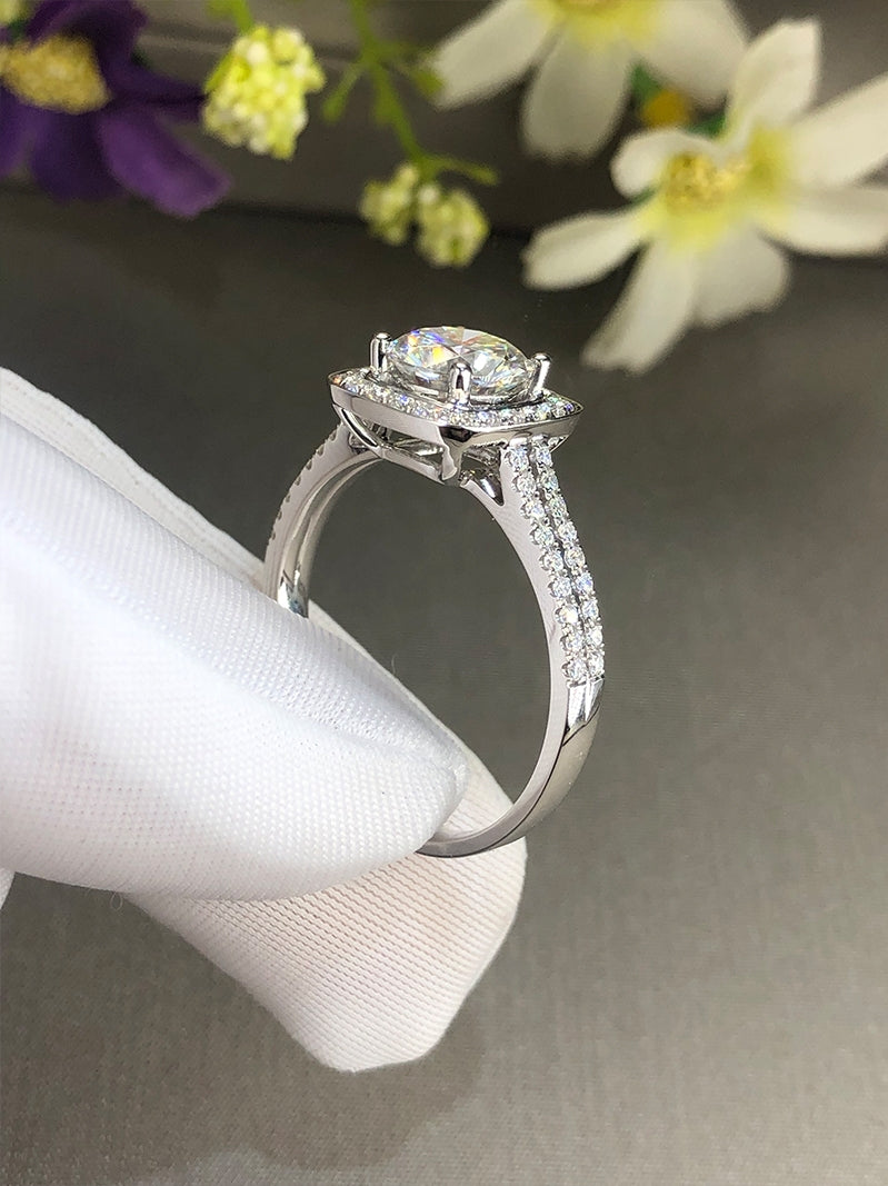 The Estelle - Round Cut Moissanite in Cushion Halo Ring with 1 to 3 carats in 18K White, Yellow or Rose Gold