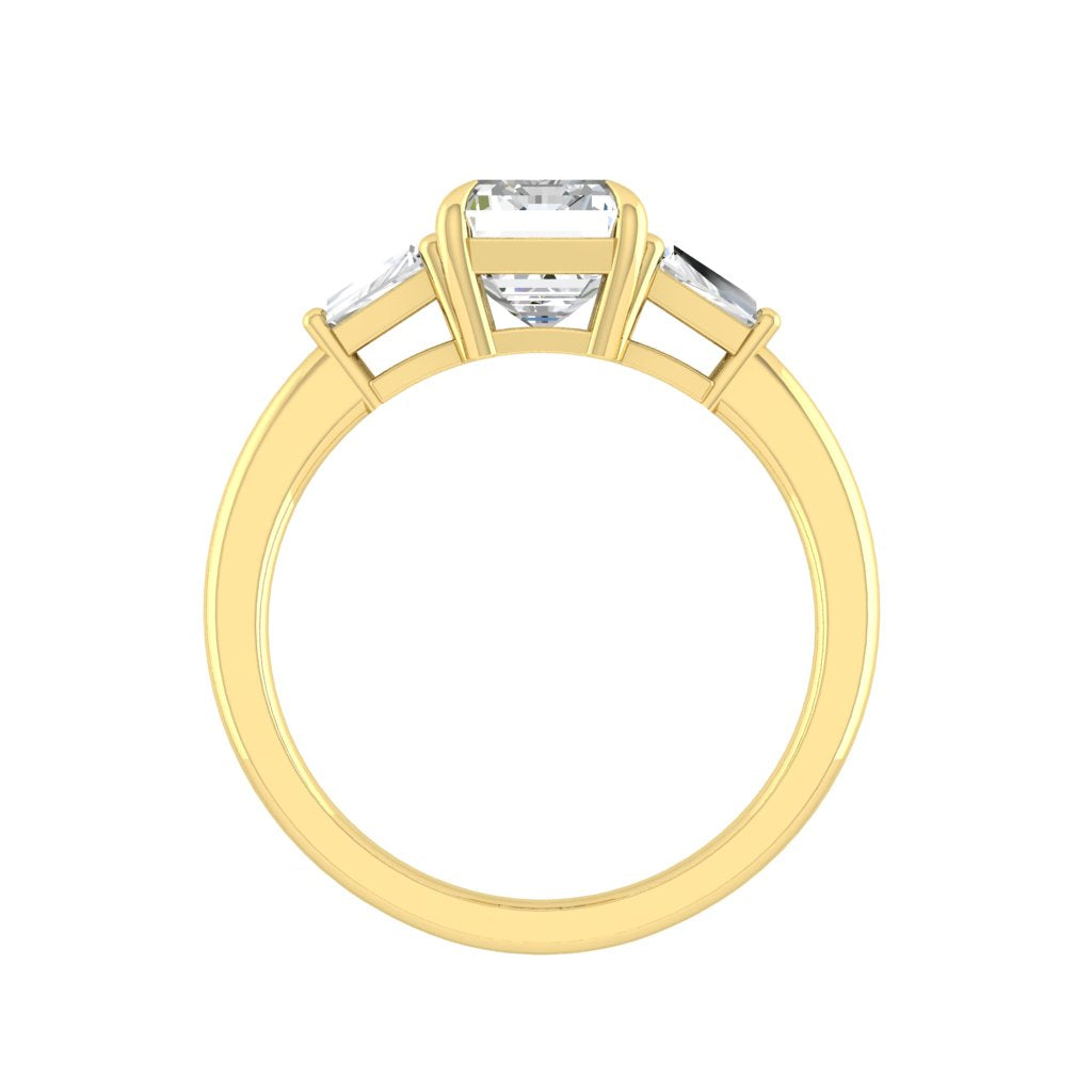 The Lucia - 1 to 3 Carats Emerald Cut Moissanite Ring with baguette side stones in 18K White, Yellow or Rose Gold