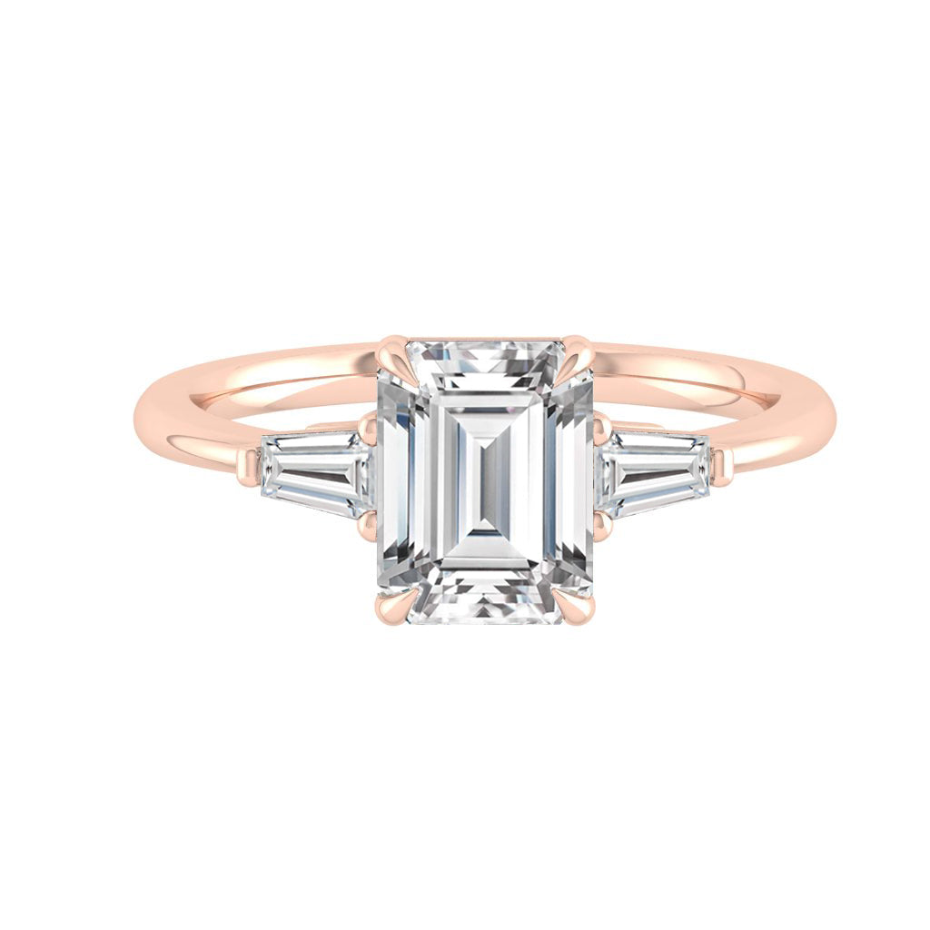 The Lucia - 1 to 3 Carats Emerald Cut Moissanite Ring with baguette side stones in 18K White, Yellow or Rose Gold