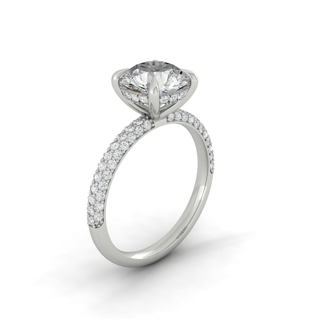 The Luna - Round Cut Moissanite Solitaire Pavé Ring with 1 to 3 carats in 18K White, Yellow or Rose Gold