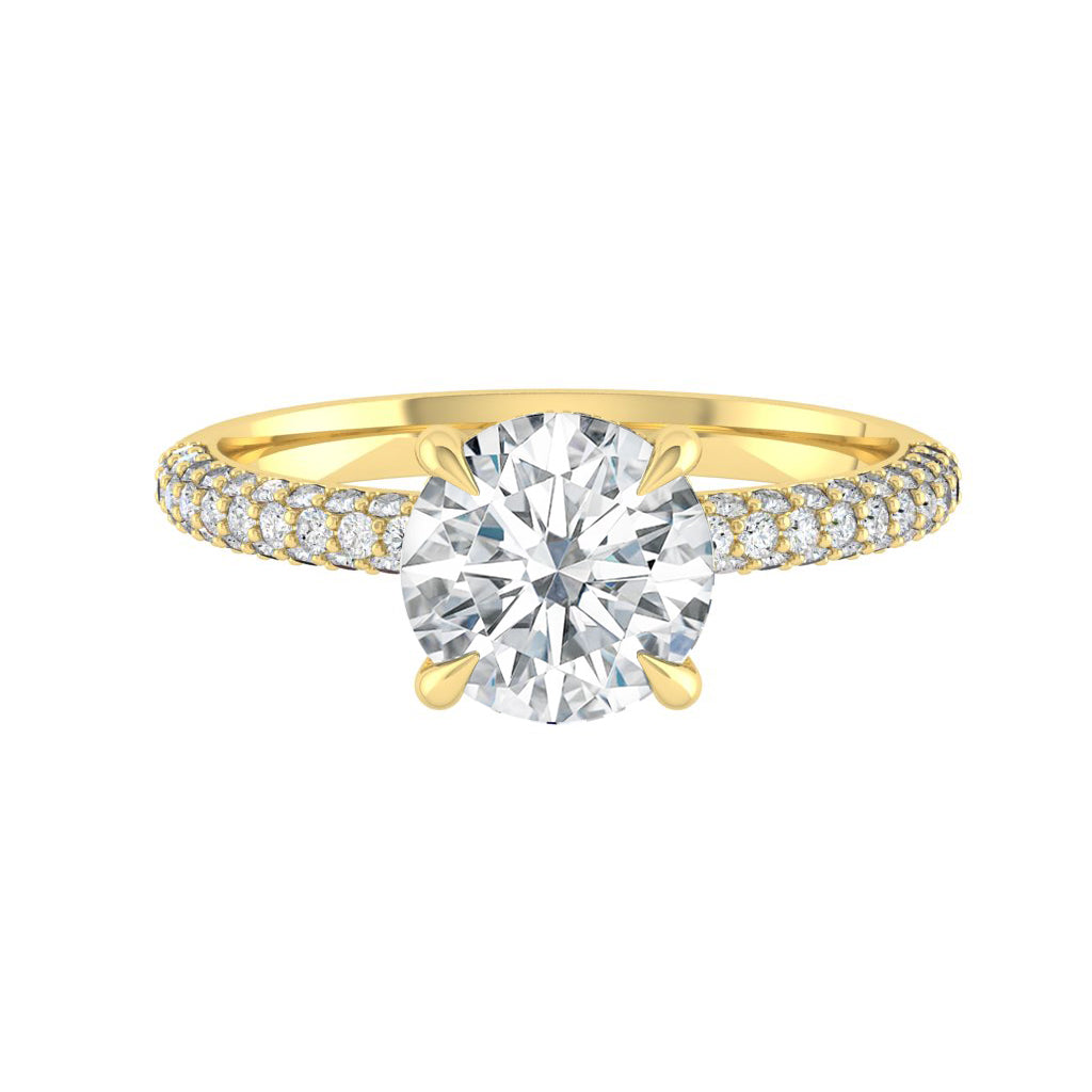 The Luna - Round Cut Moissanite Solitaire Pavé Ring with 1 to 3 carats in 18K White, Yellow or Rose Gold