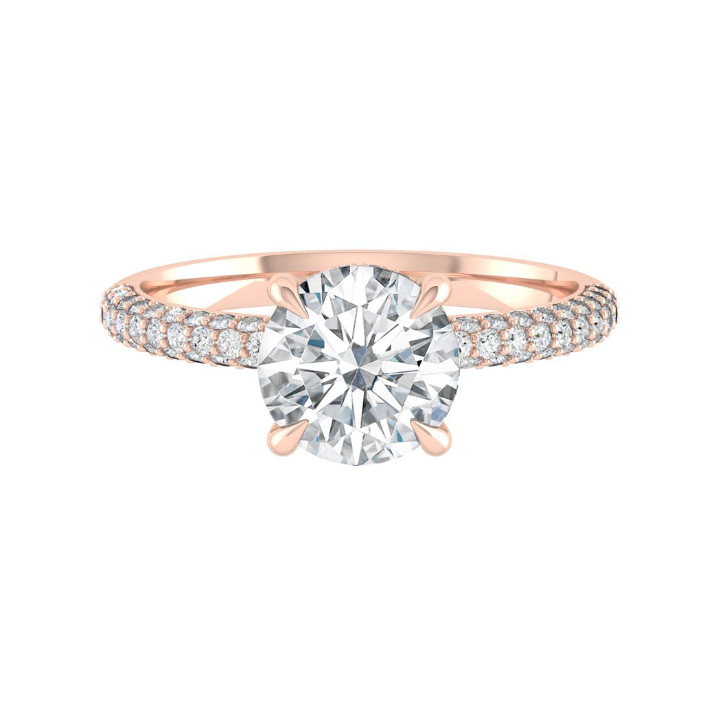 The Luna - Round Cut Moissanite Solitaire Pavé Ring with 1 to 3 carats in 18K White, Yellow or Rose Gold