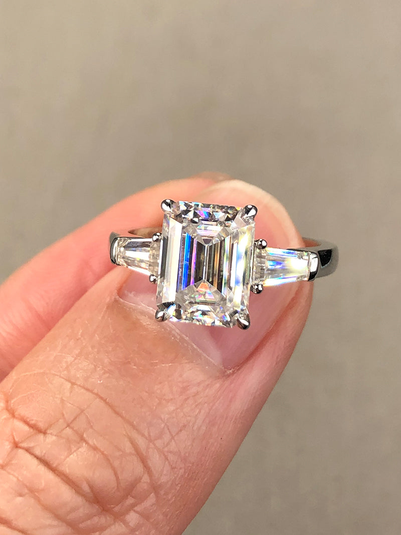 The Trinity - Emerald Cut Triple Moissanite Ring with 2 to 5 carats in 18K White, Yellow or Rose Gold