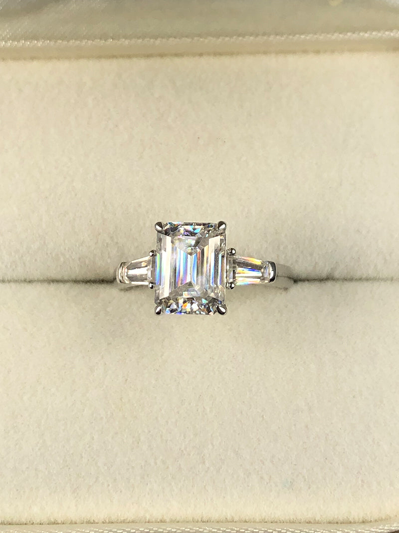 The Trinity - Emerald Cut Triple Moissanite Ring with 2 to 5 carats in 18K White, Yellow or Rose Gold