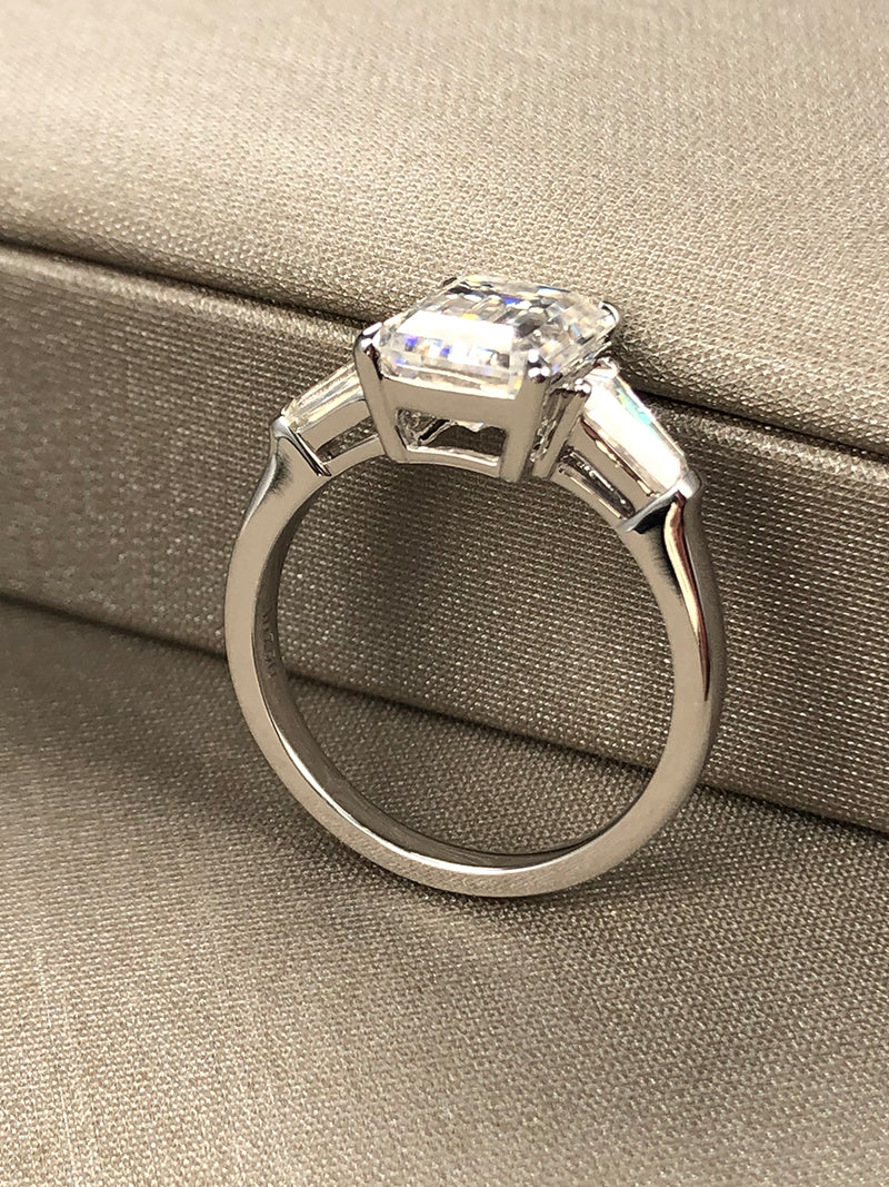 The Trinity - Emerald Cut Triple Moissanite Ring with 2 to 5 carats in 18K White, Yellow or Rose Gold