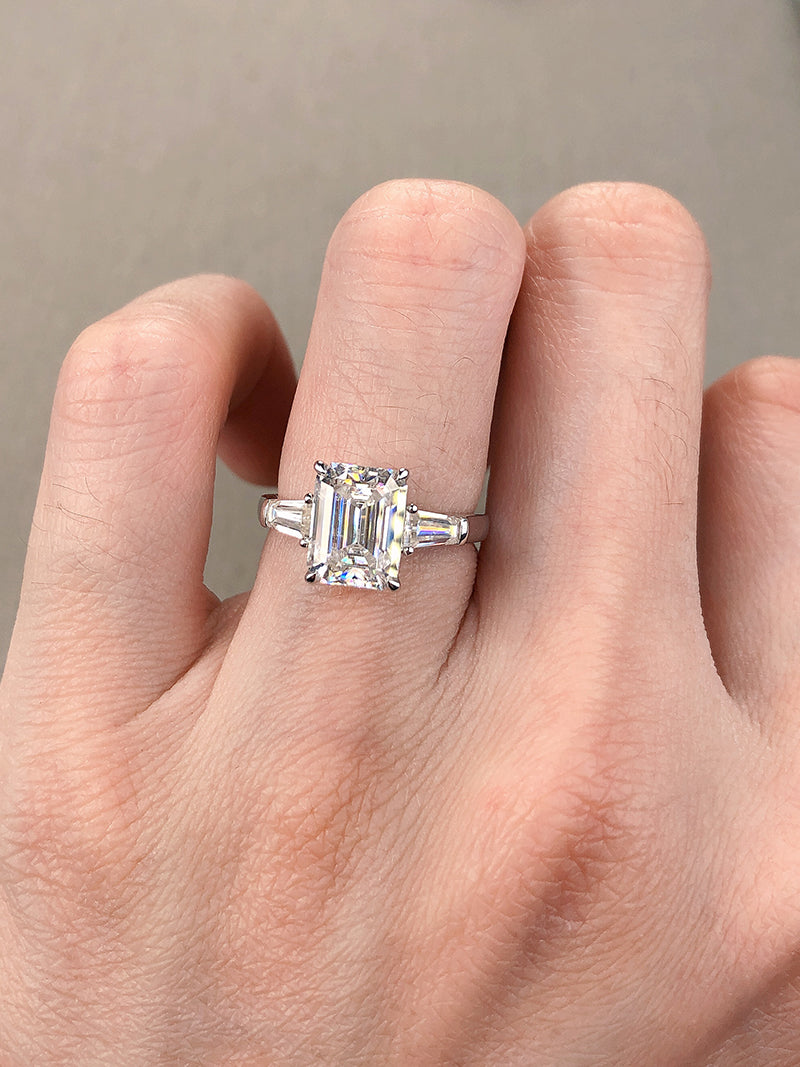 The Trinity - Emerald Cut Triple Moissanite Ring with 2 to 5 carats in 18K White, Yellow or Rose Gold